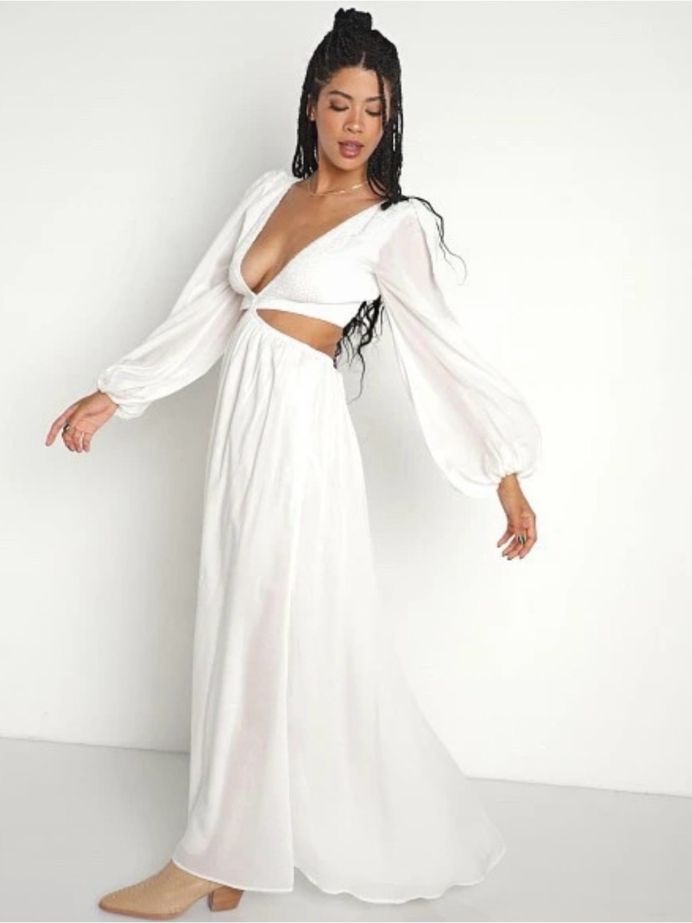Indah Julie Cutaway Maxi Dress Ivory White Size Small Plunging V-Neck Boho Beach